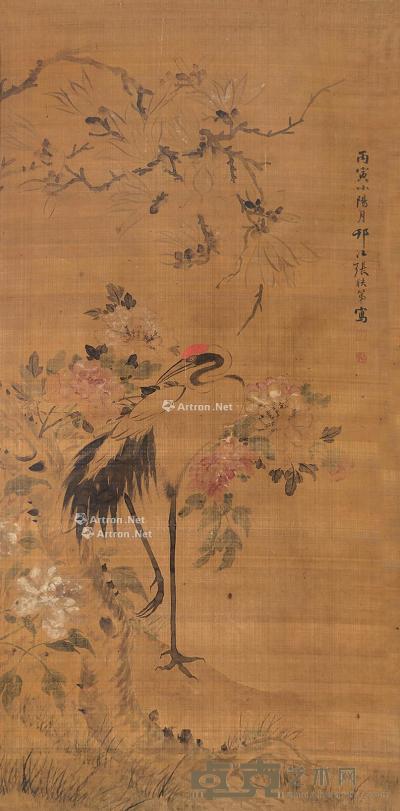  仙鹤花卉 立轴 设色绢本 121×40cm