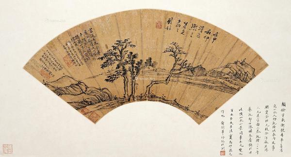  1752年作 云山古木图 镜芯 金笺水墨