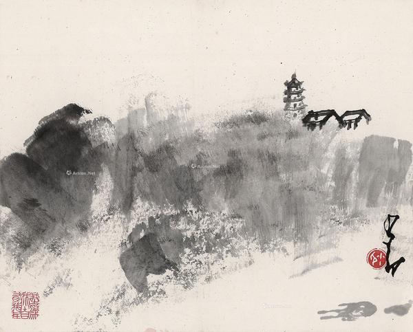  深山古寺 镜片 设色纸本