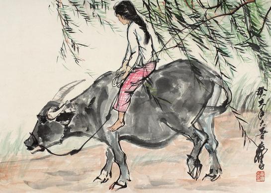  杨柳少女 镜片 设色纸本