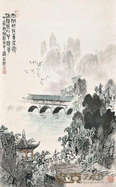 1984年作 桂林花桥 立轴 设色纸本 81×51cm