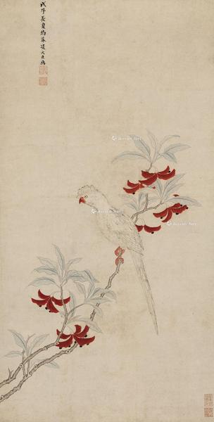  1648年作 红花鹦鹉图 立轴 纸本设色