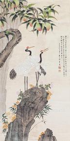  寿桃双鹤 立轴 纸本