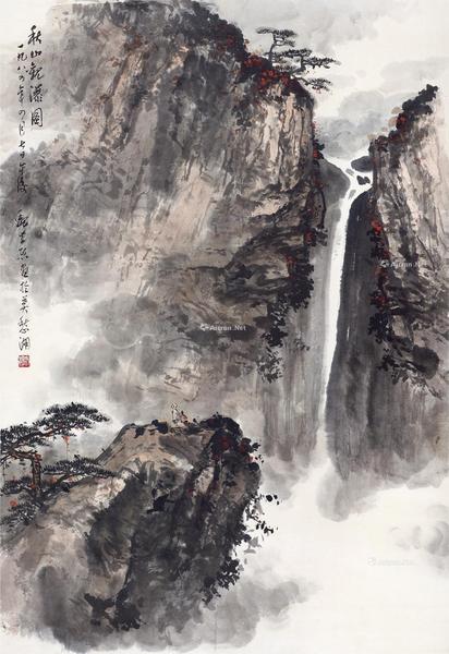  秋山观瀑 立轴 设色纸本