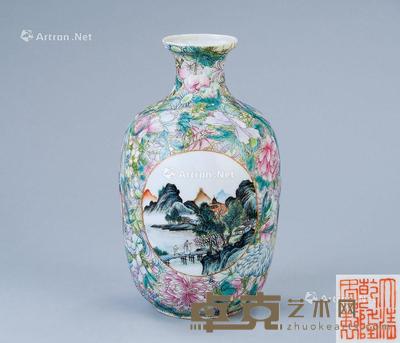  粉彩开光百花不落地山水纹瓶 直径12cm；高20cm
