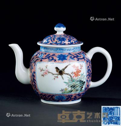  青花粉彩开光花鸟纹茶壶 宽17.7cm；高13.2cm