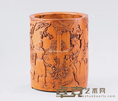  文革时期（1966-1976） 竹雕亭台楼阁人物纹笔筒 直径12.2cm；高14.6cm