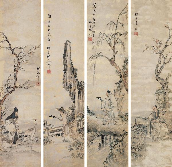 * 人物故事四屏 立轴 水墨纸本