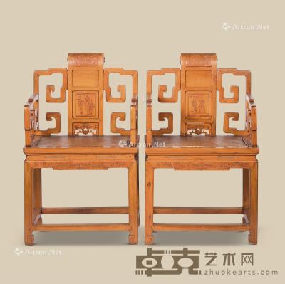  黄杨木人物纹太师椅 （一对） 长59.9cm；宽44cm；高96cm
