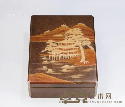  莳绘描金亭台楼阁纹盖盒 长42.2cm；宽33cm；高13.5cm
