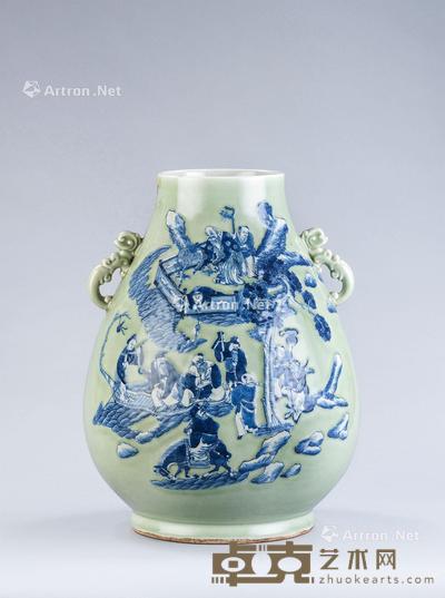  清代（1644-1911） 豆青地青花群僊贺寿纹双耳尊 直径36.5cm；高47.3cm