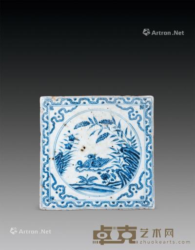  青花鸳鸯戏水图纹瓷板 长19.7cm；宽19.7cm；高3.3cm