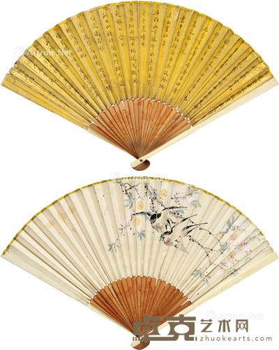  书法 花鸟 成扇 水墨/设色纸本/金笺 13×38.5cm×2