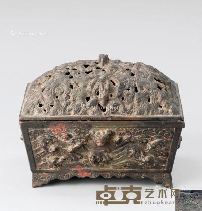  明代（1368-1644） 带铭文铜海水龙纹双耳长方香炉 长20cm；高15cm