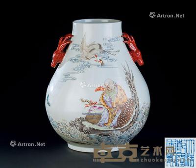  粉彩鹤鹿寿星纹鹿头尊 高44cm