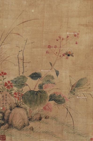 * 庚申（1740年）作 花卉草虫 立轴 设色绢本