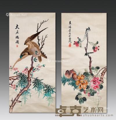  清代-民国（1644-1949） 刺绣 大展宏图 花鸟 （二件一组） 尺寸不一