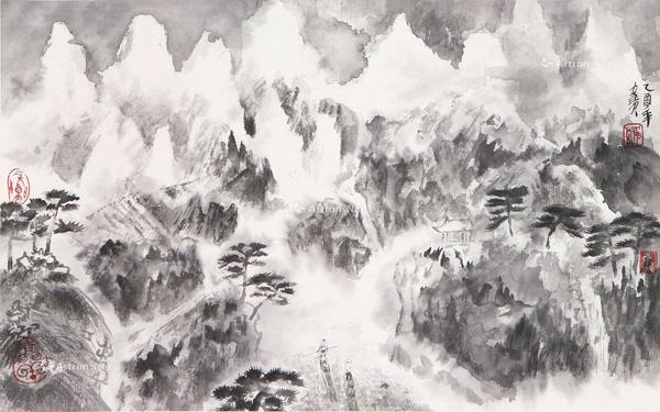 云水放筏 立轴 设色纸本