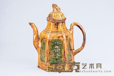 清代（1644-1911） 素三彩开光花卉纹六角执壶 宽14cm；高15.9cm