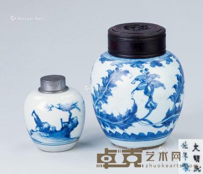  清代（1644-1911） 锡包青花人物纹 花卉纹茶叶罐 （二件一组） 尺寸不一