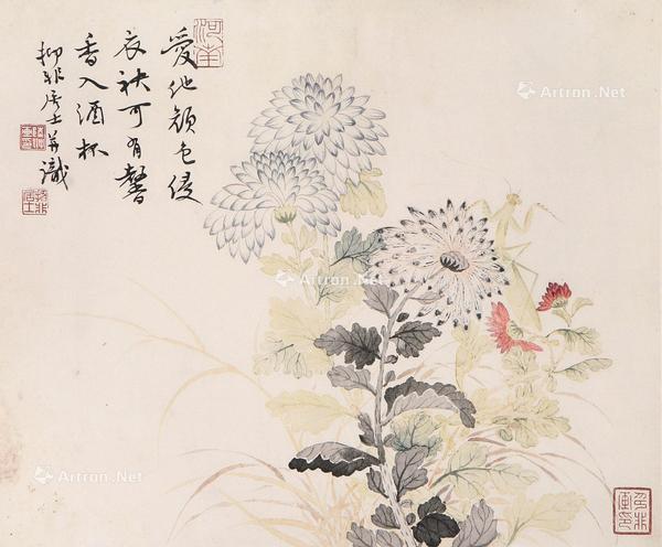  菊花草虫 立轴 设色纸本