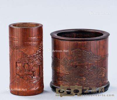  清代（1644-1911） 竹雕人物纹 山水纹笔筒 （二件一组） 尺寸不一