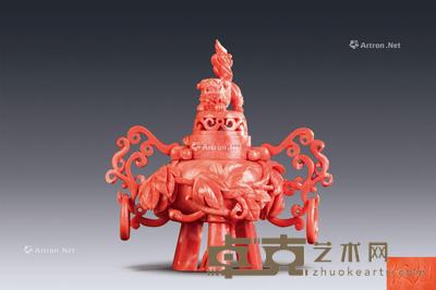  俊光 珊瑚雕狮钮双耳三足香炉 长10.8cm；高11.5cm；重223g
