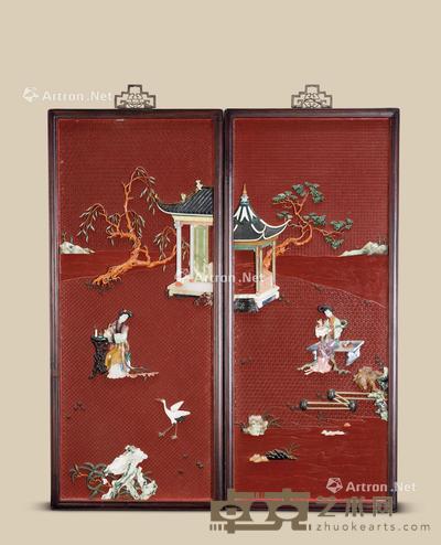  剔红嵌百宝庭院仕女纹挂屏 （一对） 长39.5cm；高91.5cm