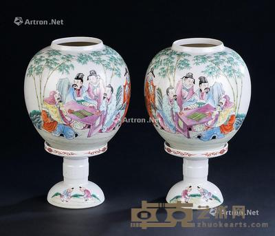  粉彩竹林七贤纹台灯 （一对） 直径18.4cm；高28.4cm