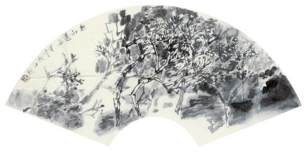  甲申（2004年）作 秋山雨过扇面 镜心 设色纸本