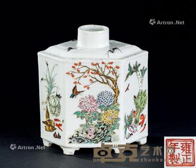  民国（1912-1949） 粉彩花卉蔬果草虫纹六角茶叶罐 长12.9cm；高14.1cm