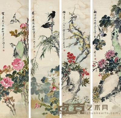  花鸟 四屏立轴 设色纸本 134×33cm×4