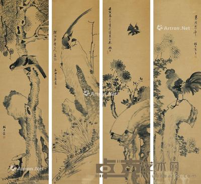  花鸟 四屏立轴 设色纸本 148×39cm×4