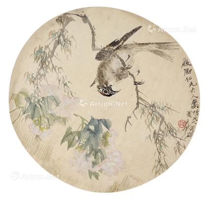  花鸟 圆光 设色绢本