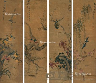  花鸟 四屏镜心 设色纸本 115×32cm×4