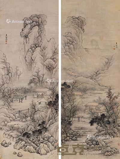  秋山归隐图 立轴 设色纸本 158×58cm×2