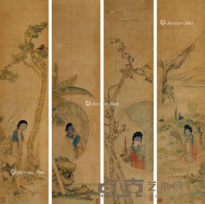  仕女 四屏立轴 设色绢本 81×19cm×4