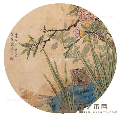 花卉 圆光 设色绢本 直径23.5cm