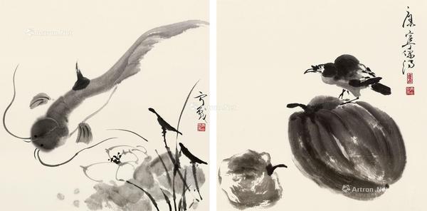  花鸟 （两帧） 镜心 水墨纸本
