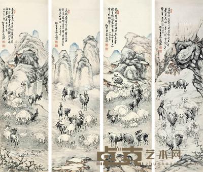  吉祥图 四屏立轴 设色纸本 113×32cm×4