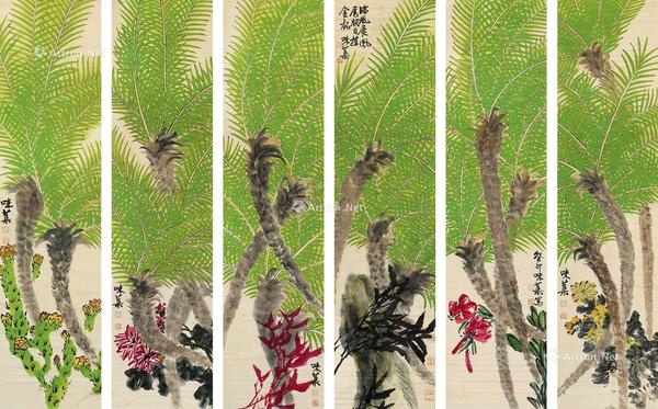  花鸟 六屏立轴 设色纸本