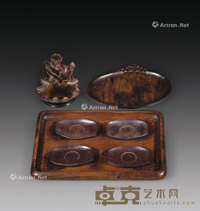 民国 木卷几、木茶托、木茶盏 (一组) 尺寸不一