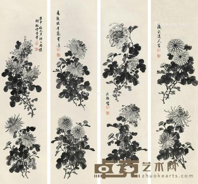  花卉 四屏镜心 水墨纸本 130×33cm×4