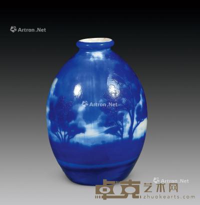  民国 蓝料器风景纹花瓶 高14.3cm
