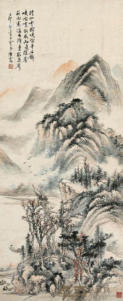 溪山云树 立轴 设色纸本 124×50cm