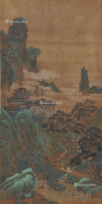  山水楼阁人物 镜心 设色绢本 87×44cm
