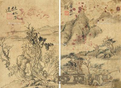 疏林清远 (二幅) 册页片 设色绢本 19×13cm×2