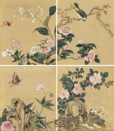 花鸟 (四幅) 册页片 (四开) 设色绢本 36×31cm×4