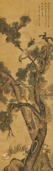  壬申（1452）年作 鸣禽登高图 立轴 设色绢本