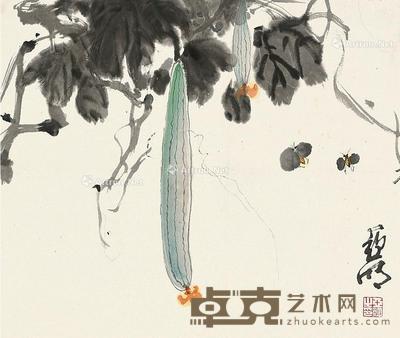 丝瓜蜜蜂 立轴 设色纸本 34×41cm